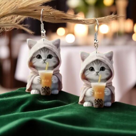 Cat Boba Tea Acrylic Dangle Earrings Kawaii Kitty Hoodie Bubble Tea - Picture 2 of 5